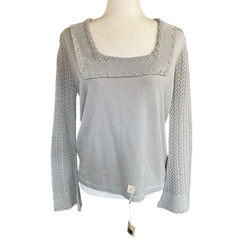 Vtg Azure Sweater Gray Lightweight Crochet Sleeves M 80s 90s Square Neck NWT